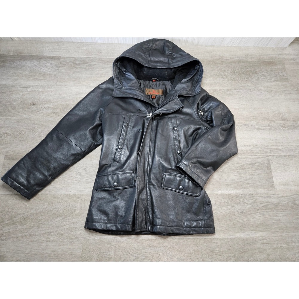 Danier Black Genuine Leather Hooded Parka Jacket Womens Small 80132 Thermolite